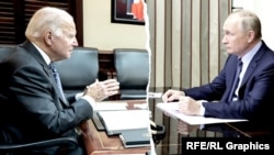 Russian President Vladimir Putin (right) attends the December 7 video call with U.S. President Joe Biden to discuss Ukraine and other foreign-policy matters.