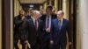 Russian President Vladimir Putin (left, front) and Federal Security Service (FSB) Director Aleksandr Bortnikov (right, front) arrive for a February 10, 2020 meeting of the FSB Board at the agency's headquarters in Moscow.
